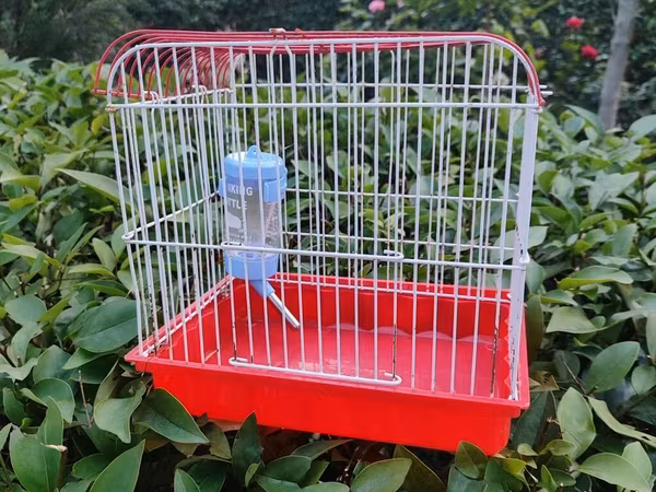 Qırmızı-ağ quş qəfəsi - Material: metal barmaqlıqlar və plastik